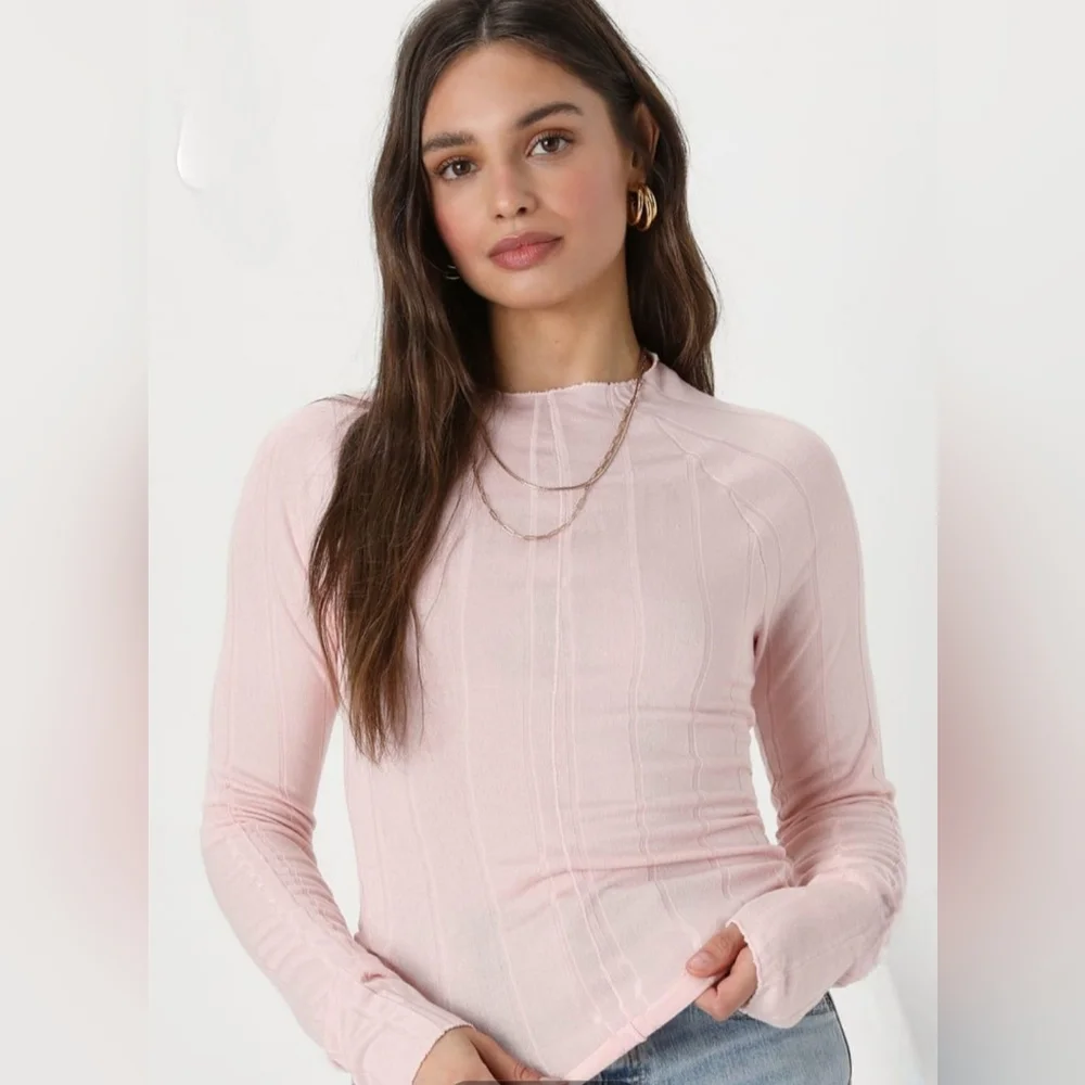 Free People Eyes Wide Open Light Pink Ribbed Long Sleeve Knit Top